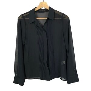 Zara Navy Blue Pleated Tuxedo Front Chiffon Long Sleeve Button Down XS